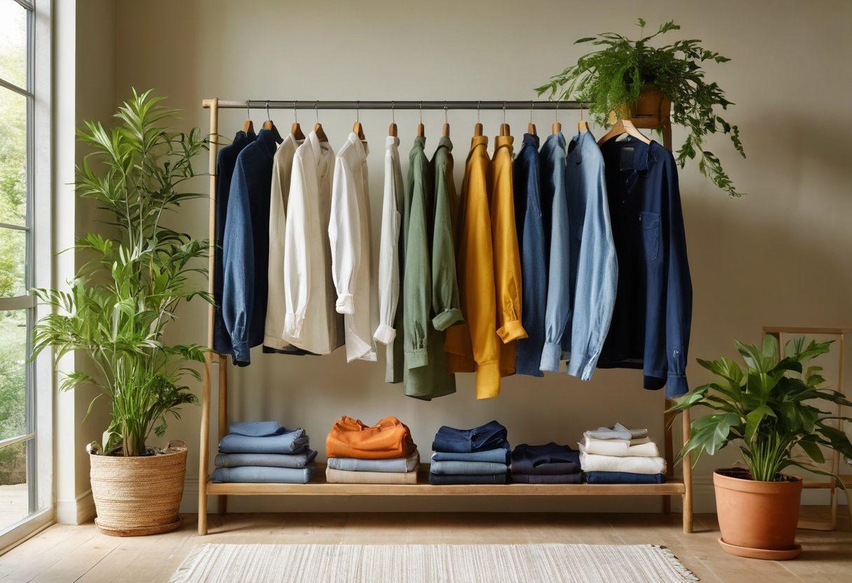 A stylish and modern wardrobe display, featuring a mix of sustainable clothing items like organic cotton shirts, recycled denim, and accessories made from natural materials. Showcase a minimalist aesthetic, with plants and natural light enhancing the eco-friendly vibe. Include diverse models wearing the outfits, radiating confidence and joy. Capture the essence of ethical fashion with a warm, inviting atmosphere. vibrant colors. super-realistic.