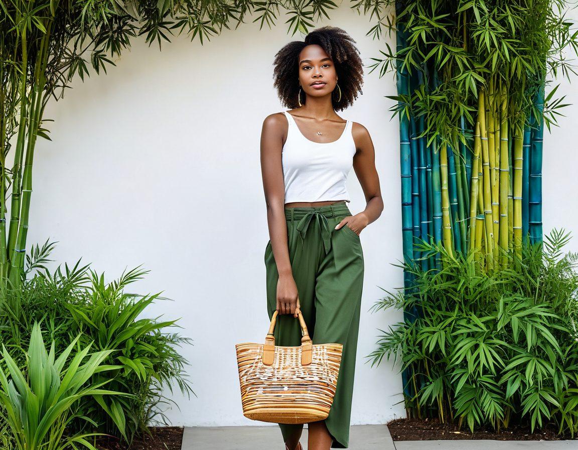 A stylish young woman wearing an eco-friendly outfit made from recycled materials, surrounded by lush greenery and urban elements merging together. Include sustainable accessories like bamboo bags and ethical footwear. Showcase vibrant patterns and textures that highlight the beauty of sustainable fashion. The atmosphere should be uplifting, modern, and inspiring. super-realistic. vibrant colors. white background.